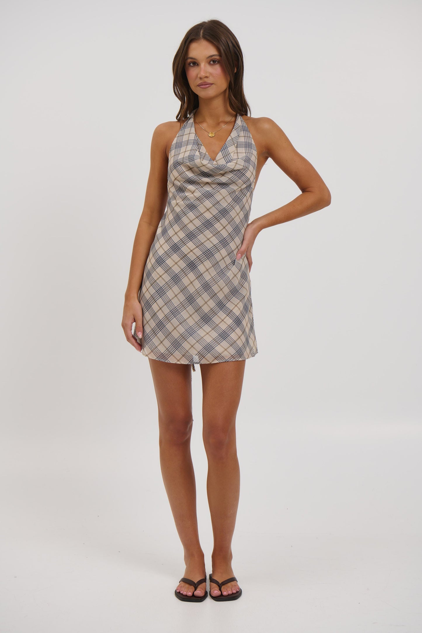 Banks Halter Mini Dress Beige Plaid