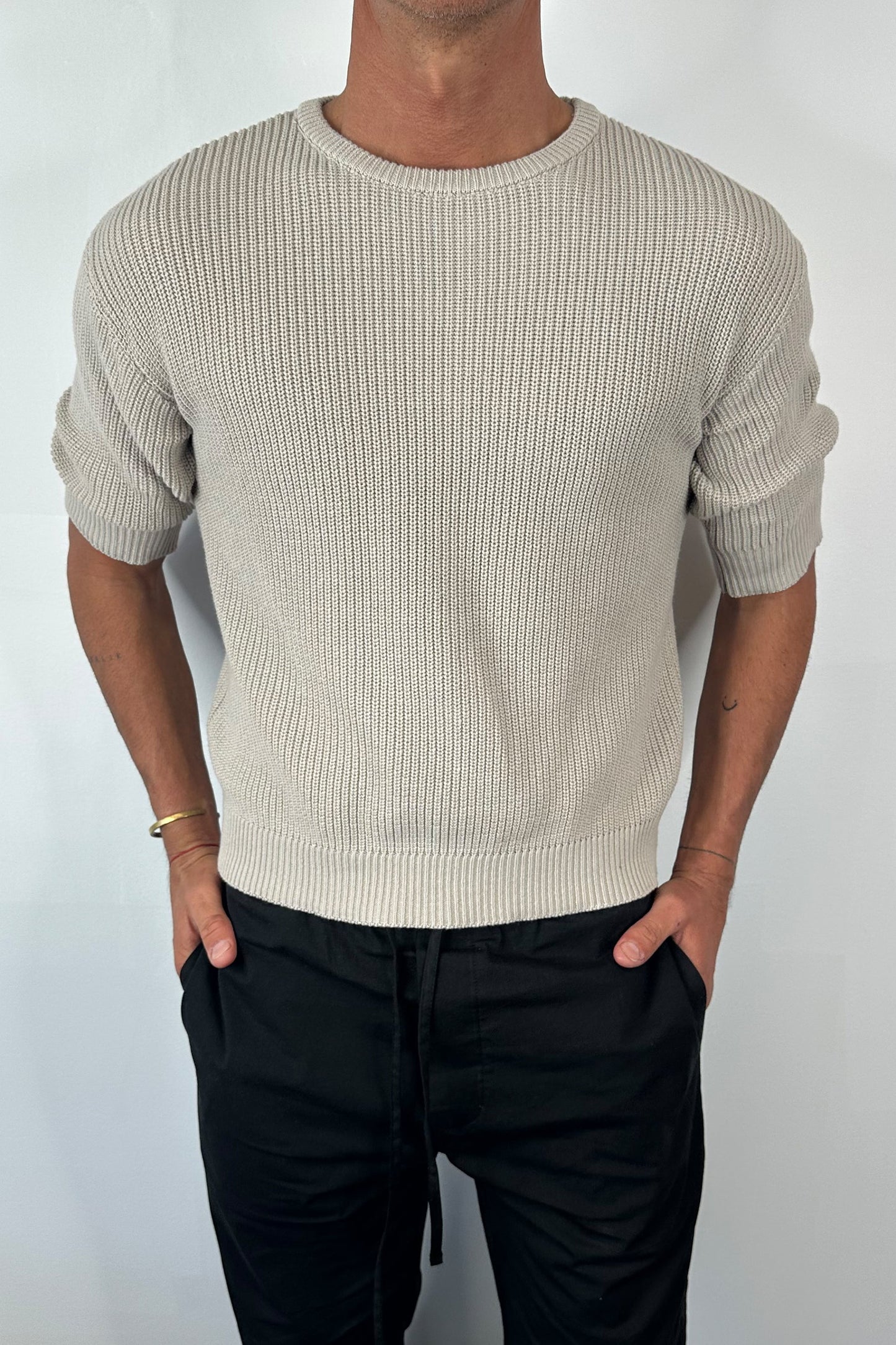 Drop Sleeve Knitted Tee Stone - FINAL SALE