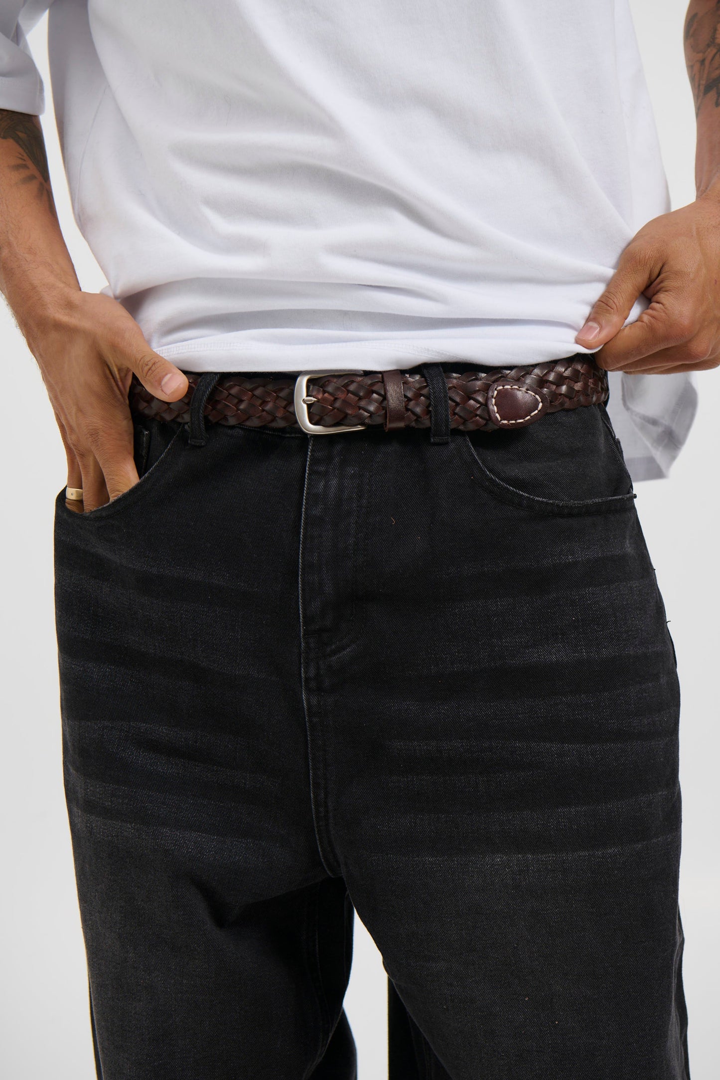 Leather Belt Thin Weave Dark Brown