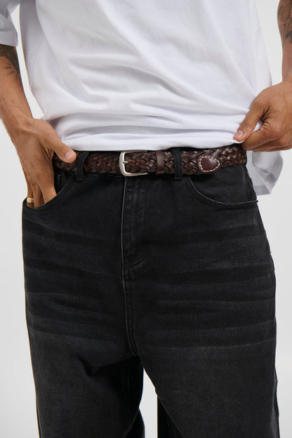 Leather Belt Thin Weave Dark Brown