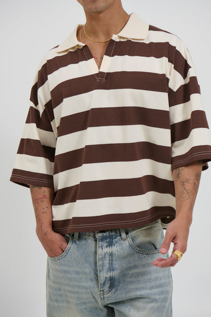 Jersey Crop Polo Stripe Choc