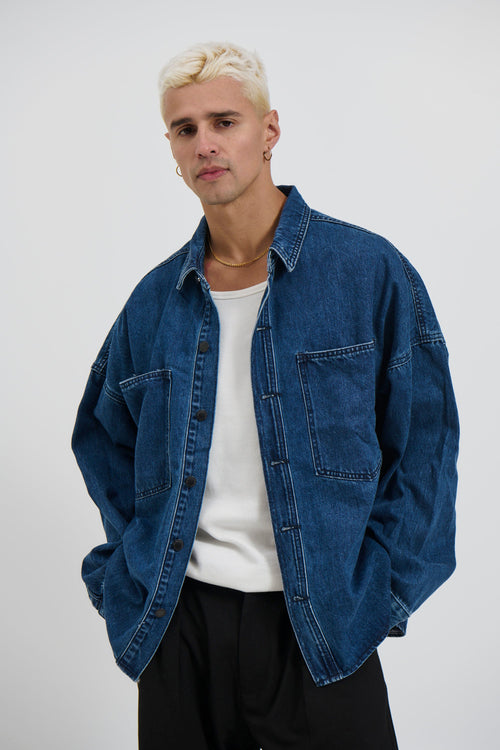 Drop Shoulder Denim Shirt Dark Blue