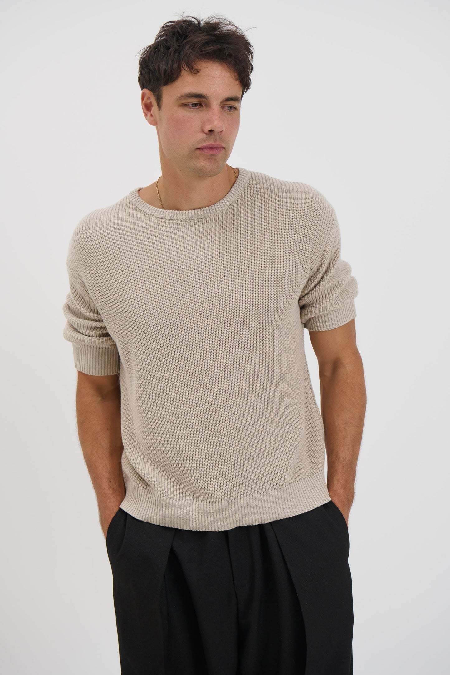 Drop Sleeve Knitted Tee Stone - FINAL SALE