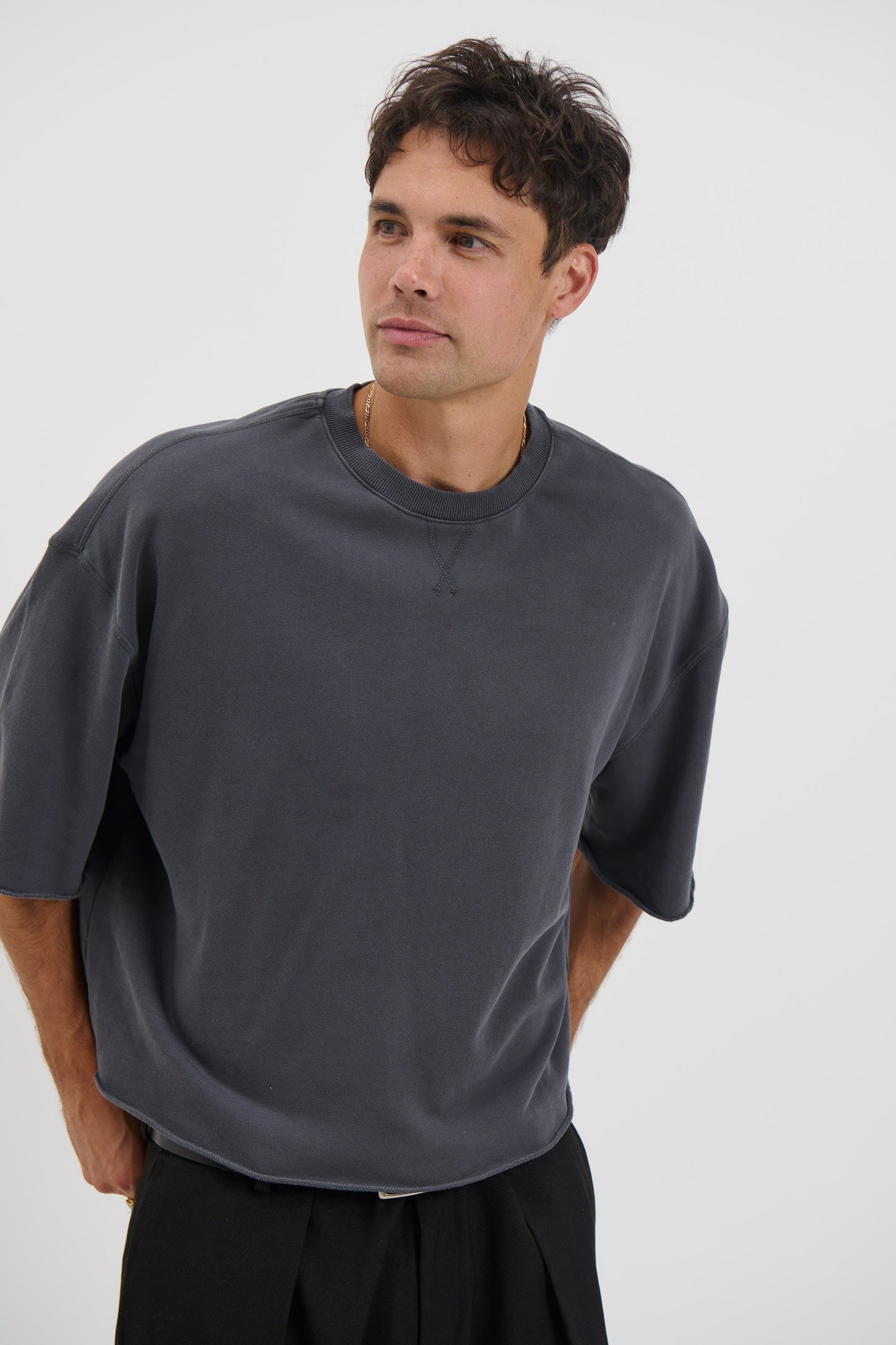 Crop Box Fleece Tee Charcoal