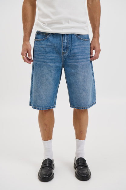 Flint Baggy Denim Jort Mid Blue