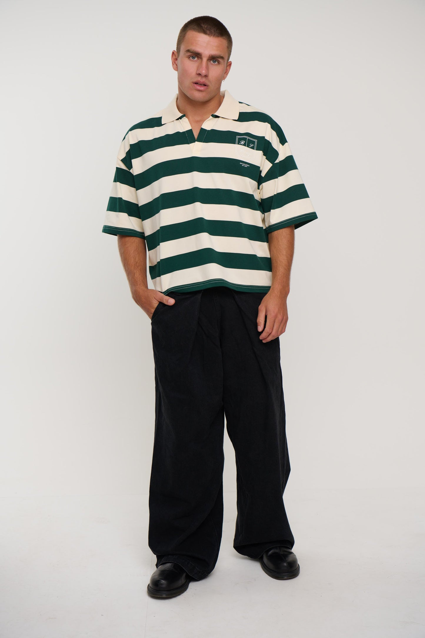 Jersey Crop Polo Stripe Emerald Crest