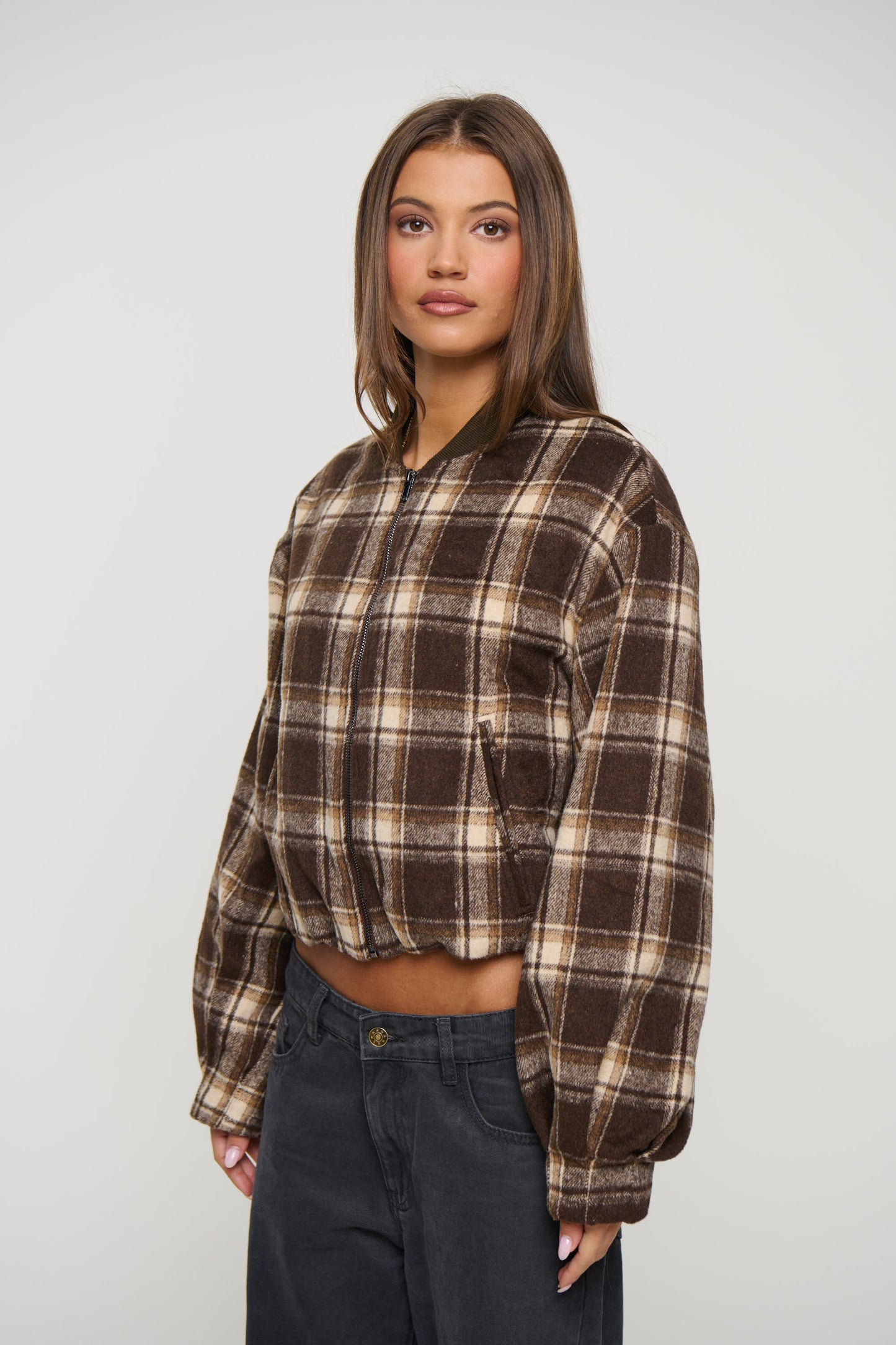 Clara Bomber Brown Check