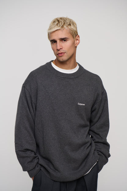 Embroid Crew Neck Knit Dark Grey