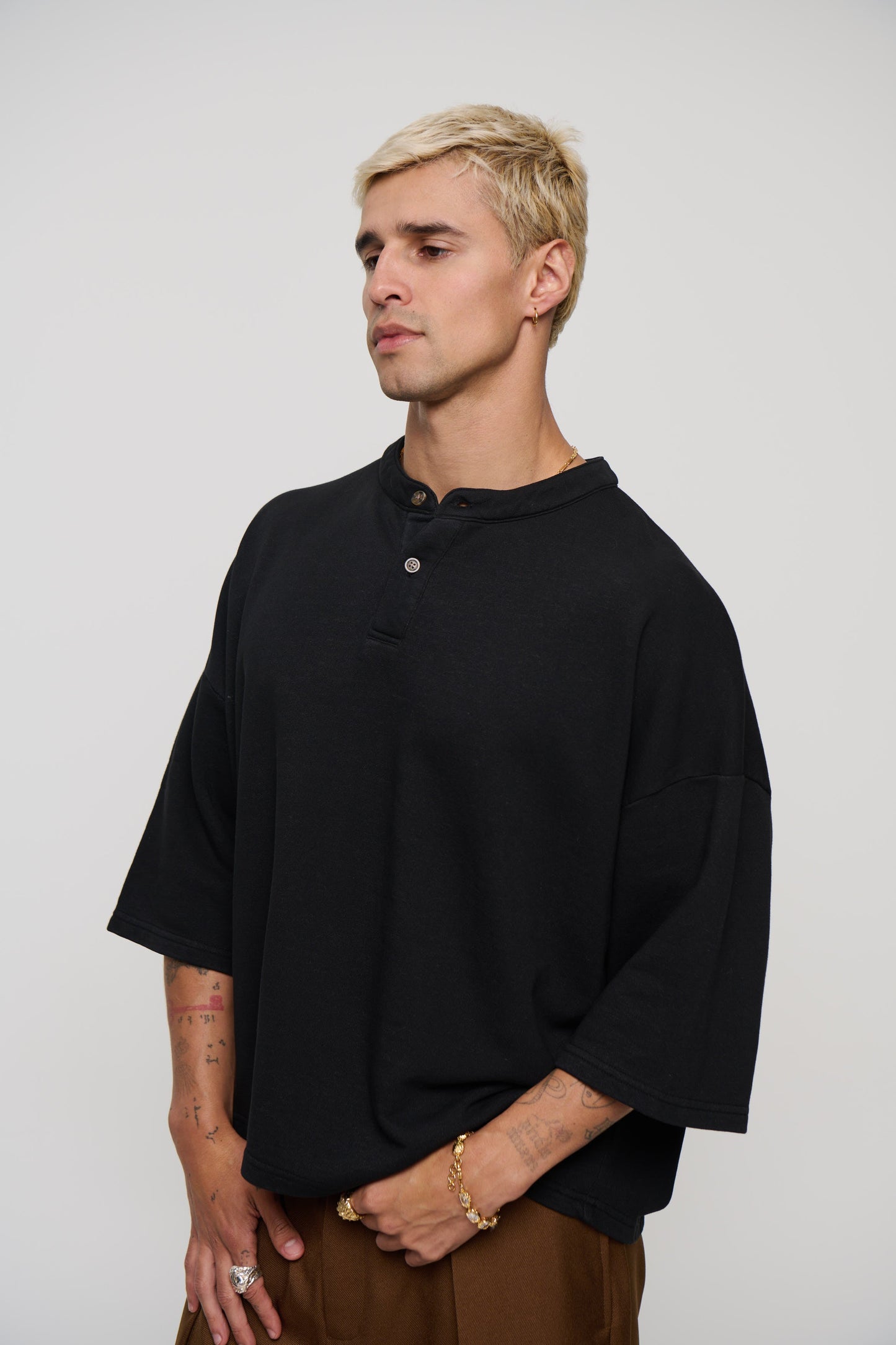 Fleece Crop Henley Tee Black