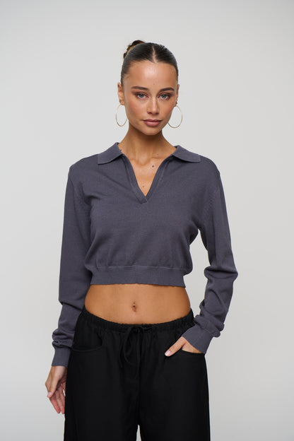 Aimee Long Sleeve Polo Dark Grey