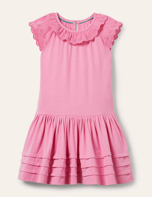 Broderie Detail Jersey Dress-Plum Blossom Pink