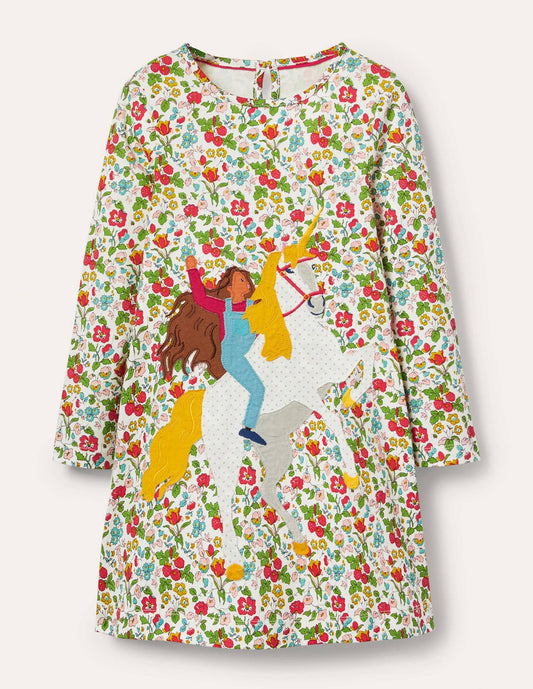 Big Appliqué Jersey Dress-Ivory Autumn Berry Unicorn