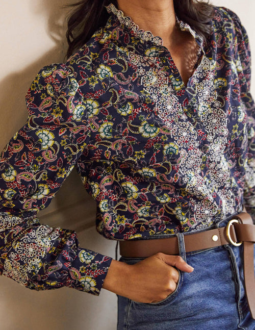 Broderie Cotton Blouse-French Navy, Exotic Floral