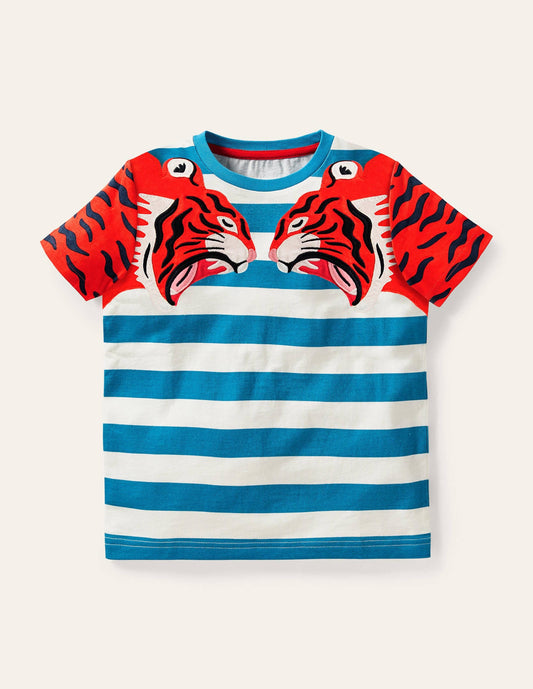 Big Cat Appliqué T-shirt-Moroccan Blue Tigers