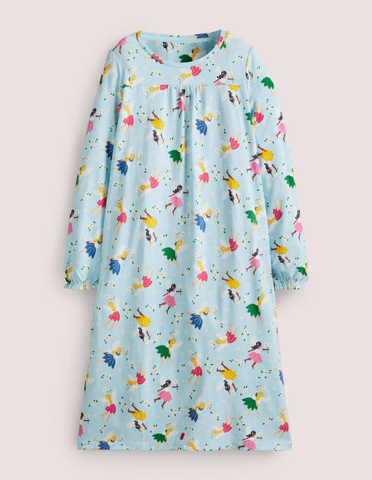 Blue Fairy Print Long-sleeved Cotton Nightie-Neptune Blue Fairies
