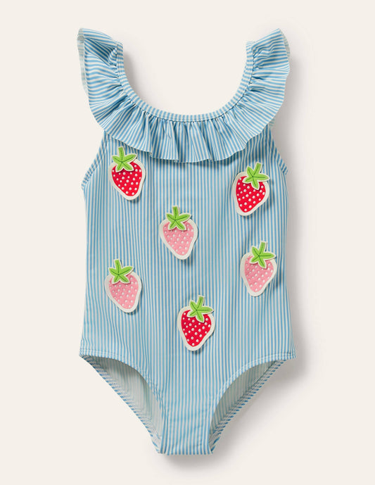 Blue Stripe Strawberry Frill Swimsuit-Blue/Ivory Ticking Strawberry