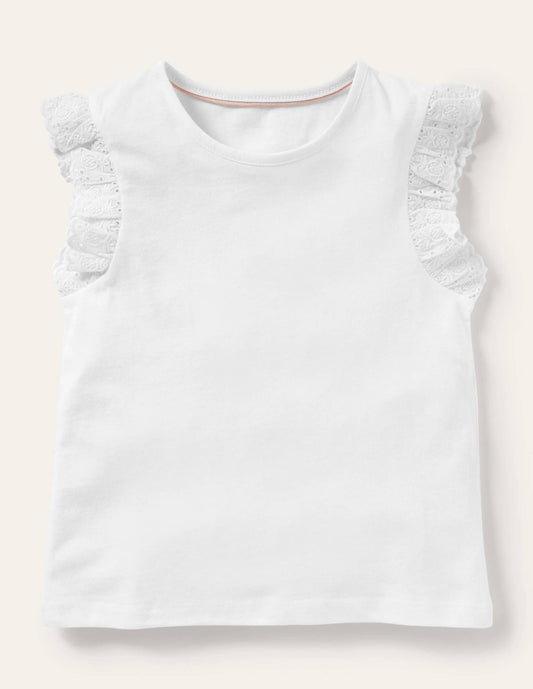 Broderie Sleeve Top-White