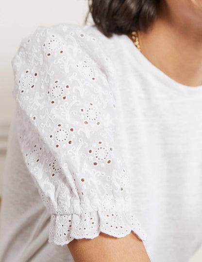 Broderie Sleeve Linen T-Shirt-White