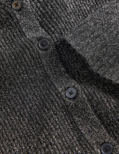 Black Ribbed Metallic Cardigan-Silver, Black