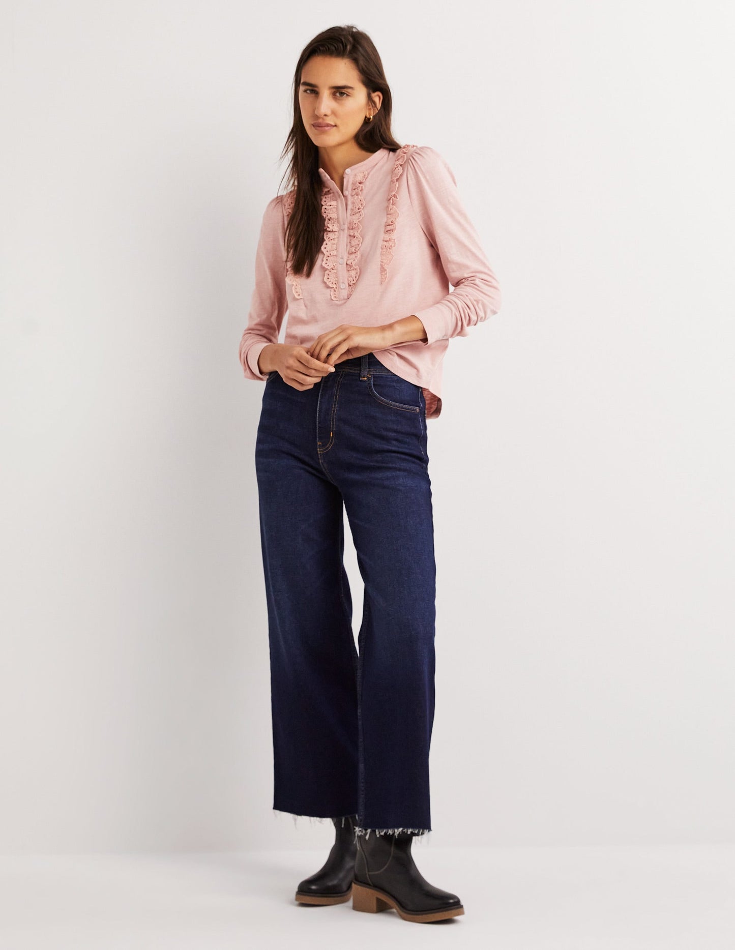 Broderie Ruffle Jersey Top-Milkshake Pink