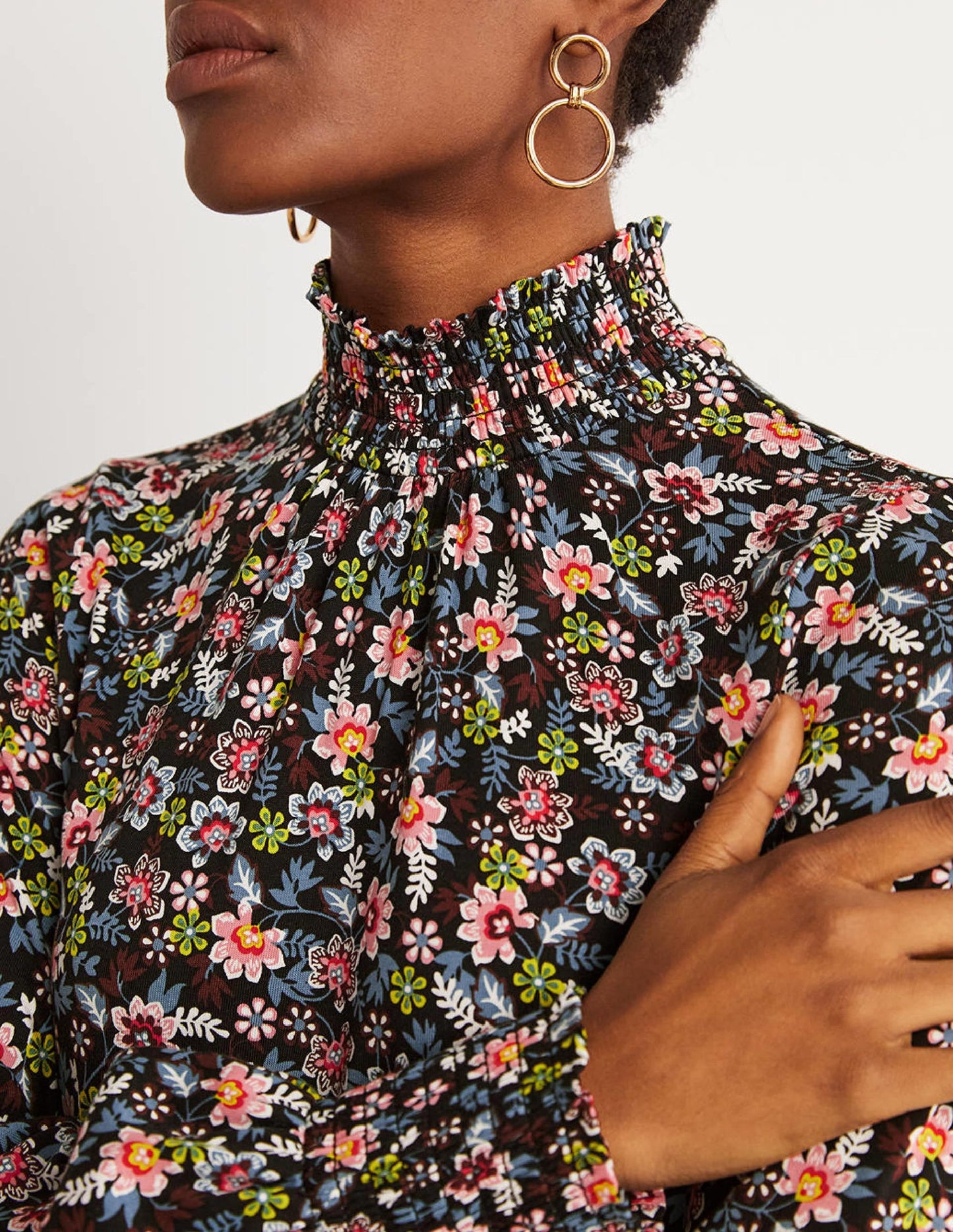 Black Floral High-Neck Shift Dress-Black, Opulent Leaf