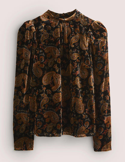 Black Paisley Mutton Sleeve Velvet Top-Black, Paisley Passion