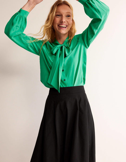 Bow-Neck Button-Down Blouse-Veridian Green