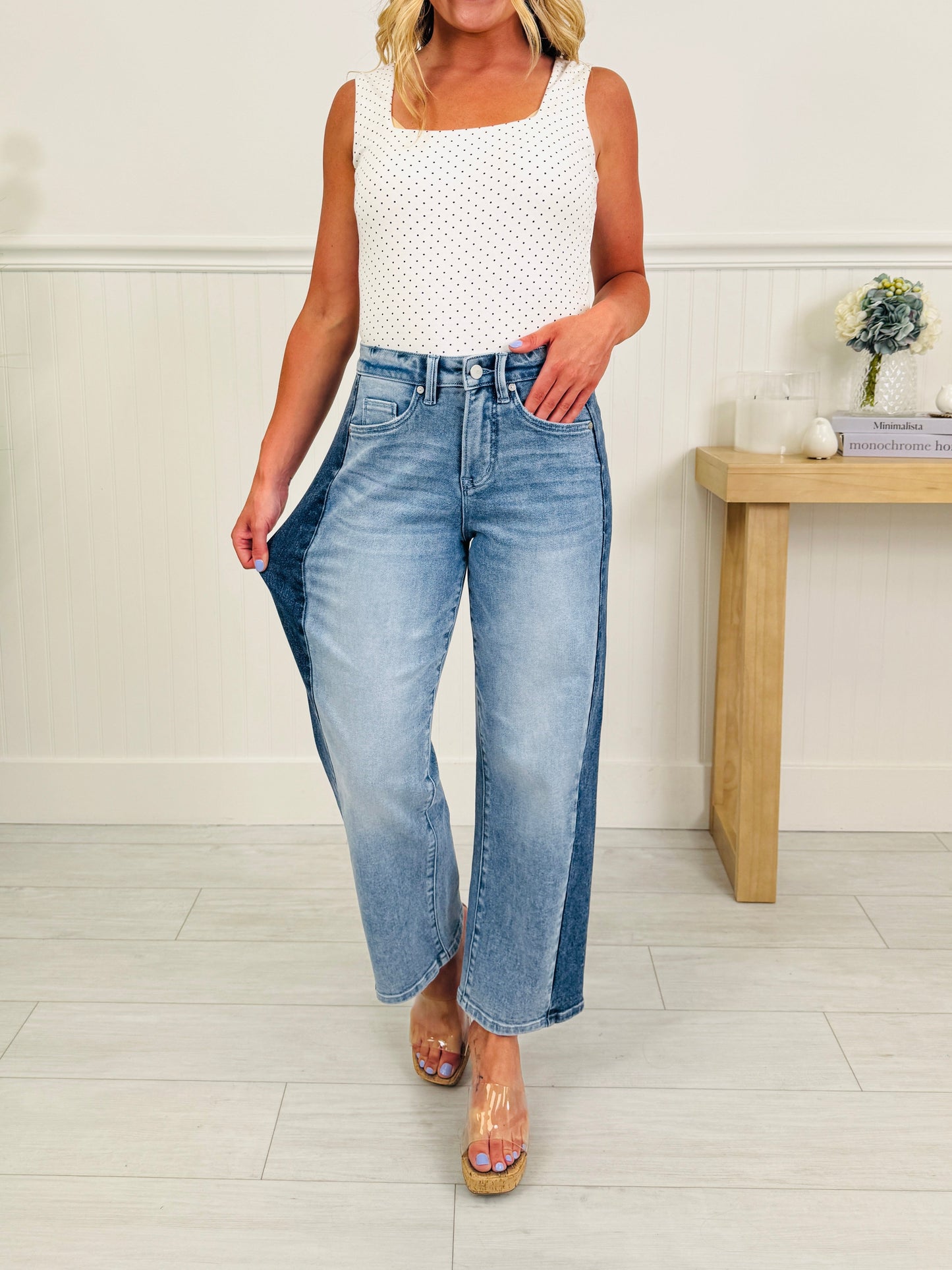 Two Tone Moment Tummy Control Slim Barrel Jeans