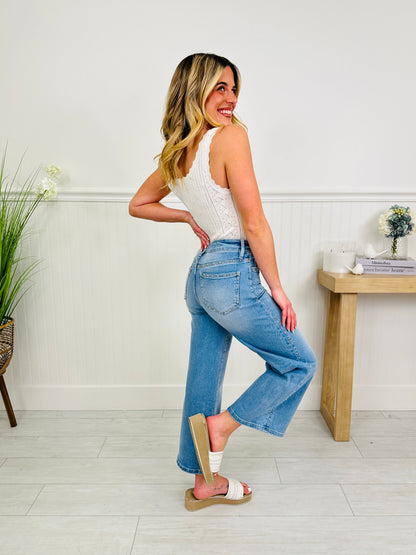 Subtly Studded Tummy Control Wide Leg Cropped Jeans