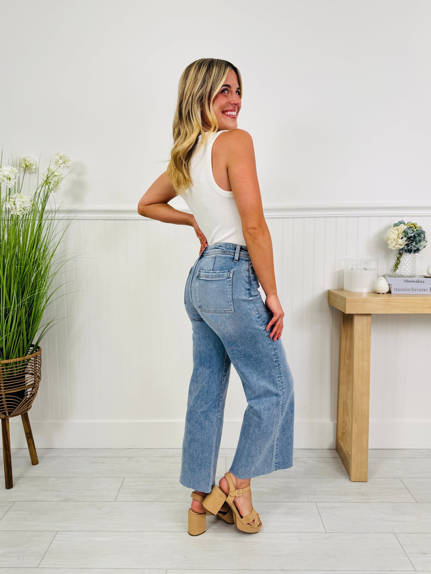 Front and Center Tummy Control Cropped Wide Leg Jeans