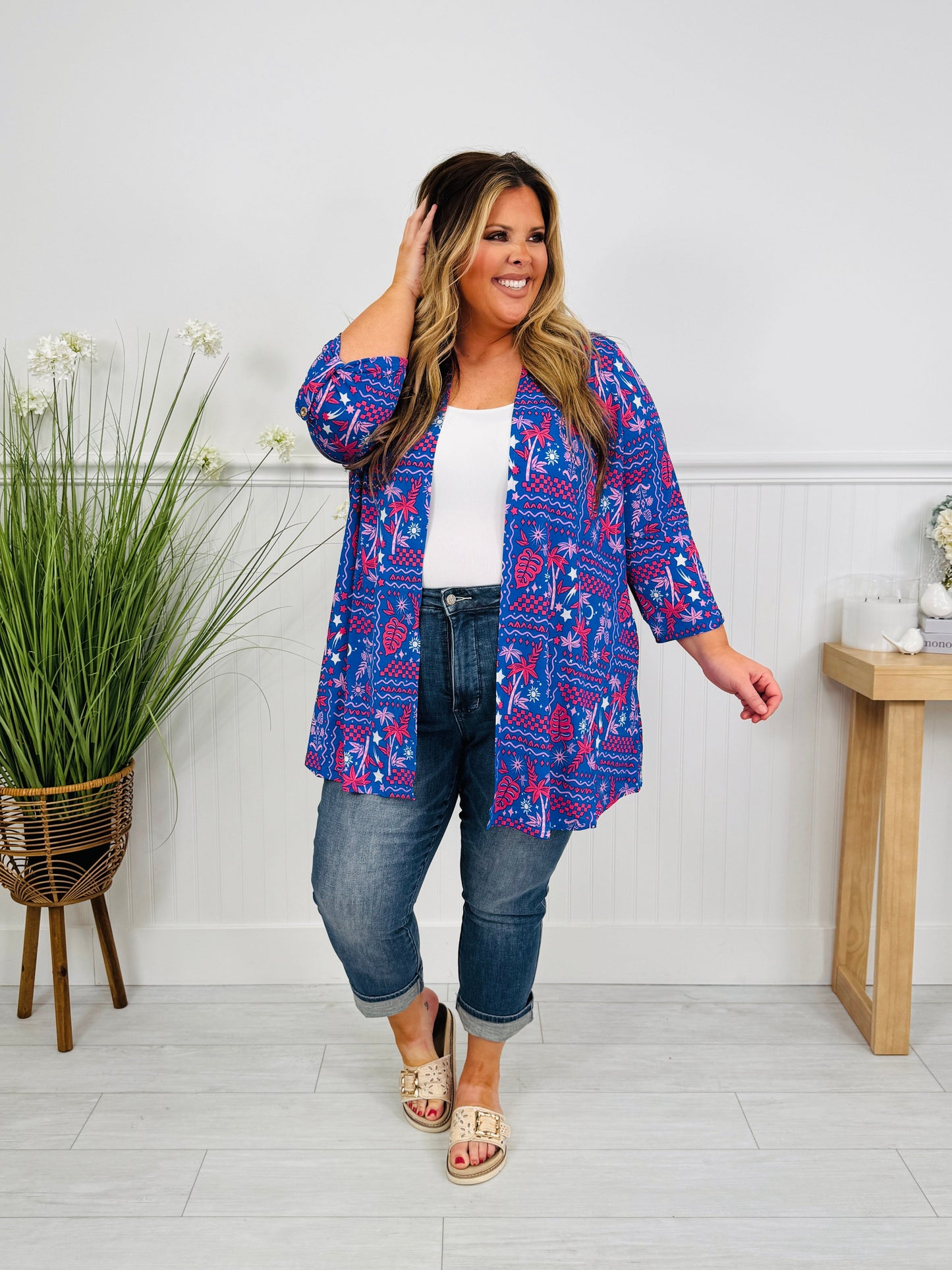 Layered in Spring Cardigan in Palm Tree Print