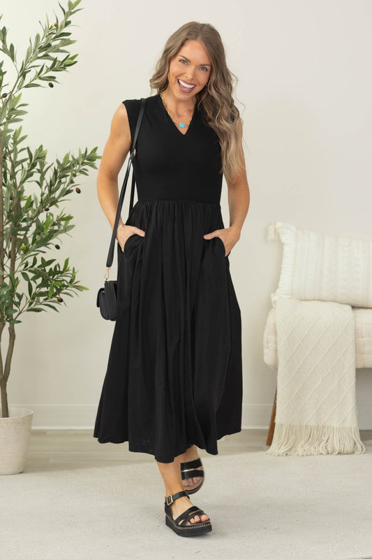 Black Drop Waist Mixed Fabric Dress