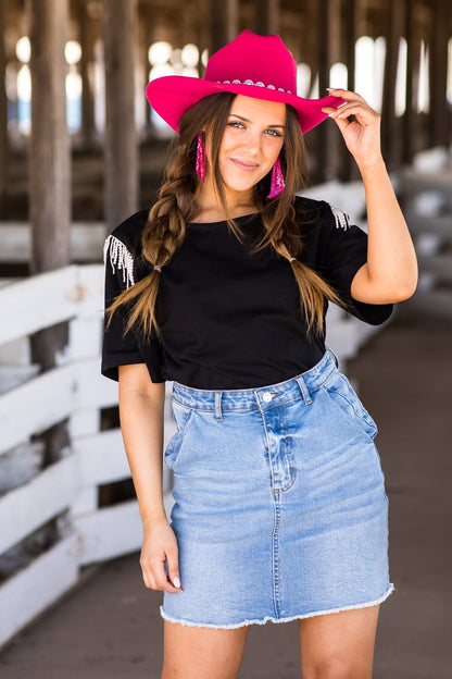 Black Short Sleeve Top With Beaded Fringe