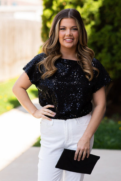 Black Sequin Boat Neck Top