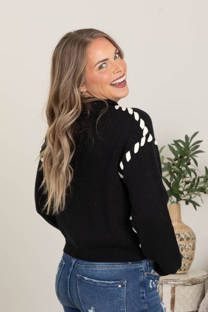 Black Contrast Stitch Detail Knit Sweater