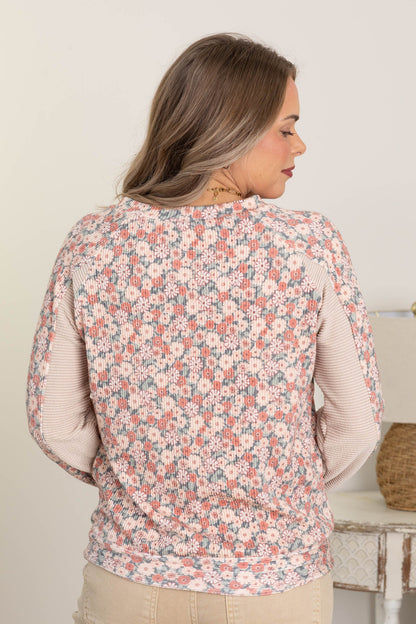 Blush Floral Ribbed Knit Contrast Top