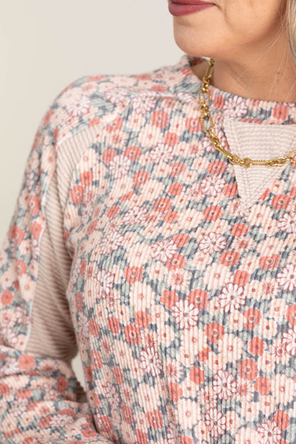 Blush Floral Ribbed Knit Contrast Top