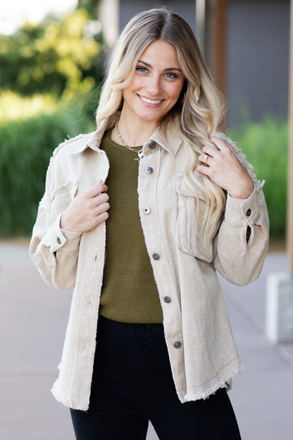 Beige Washed Oversized Denim Jacket