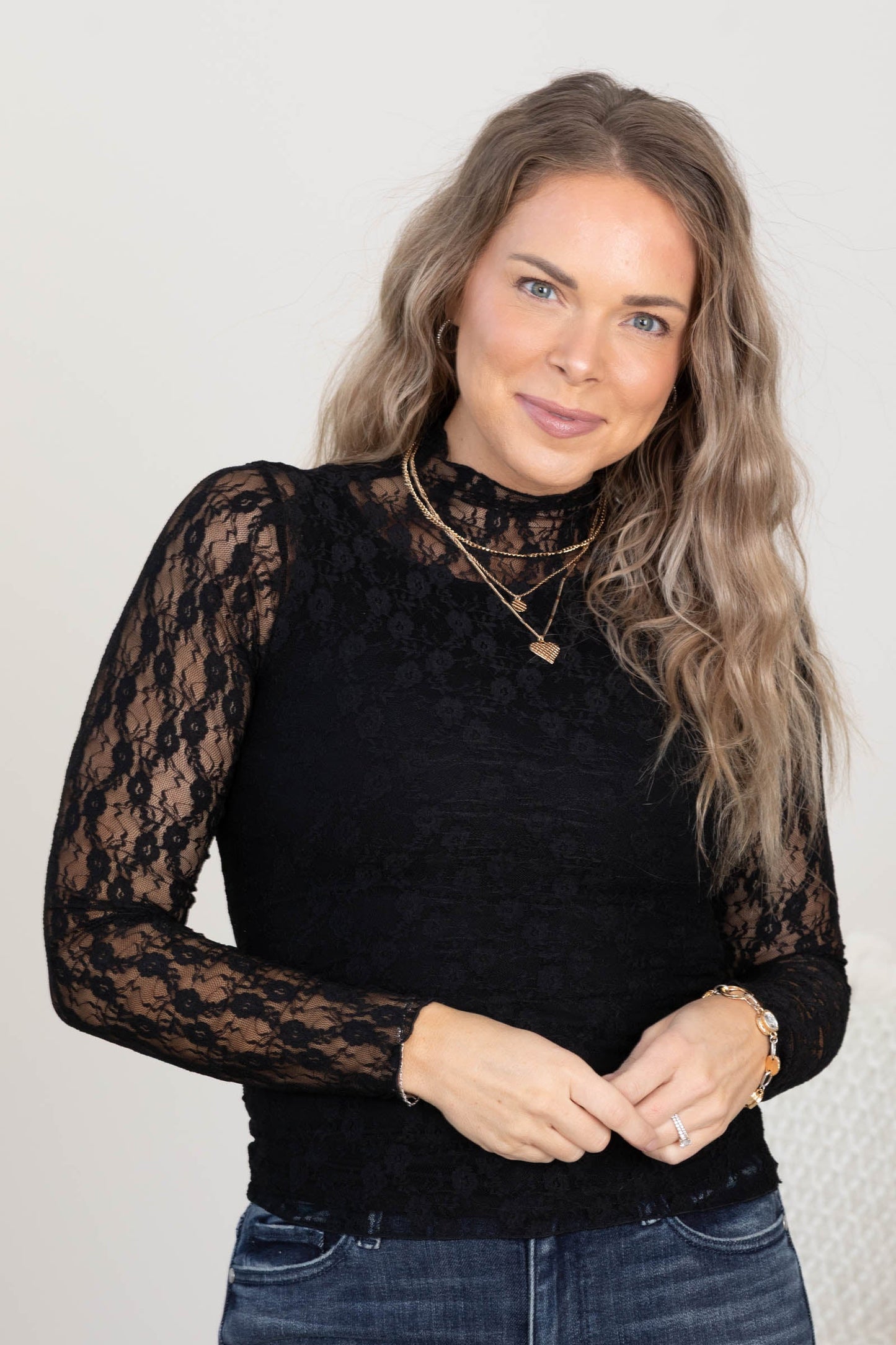 Black Mock Neck Fitted Sheer Mesh Knit Top