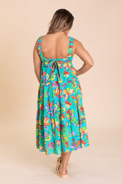 Aqua Green Printed Cotton Tiered Maxi Dress