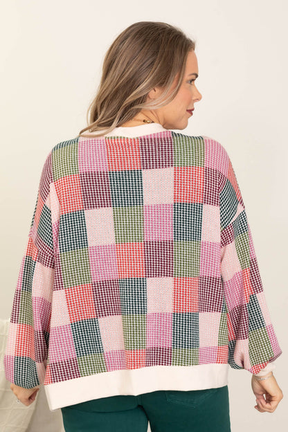 Beige And Mauve Patchwork Open Front Cardigan