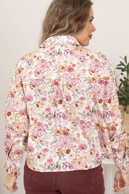 Beige Floral Ruffled Hidden Buttons Woven Top