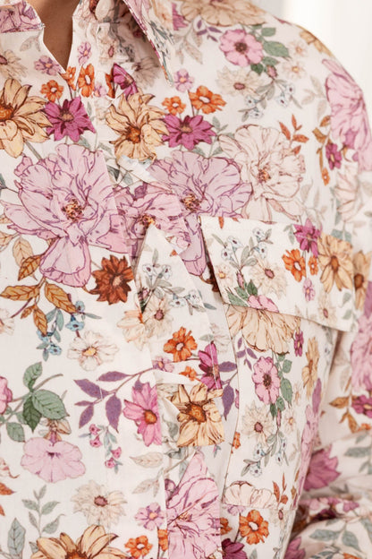 Beige Floral Ruffled Hidden Buttons Woven Top