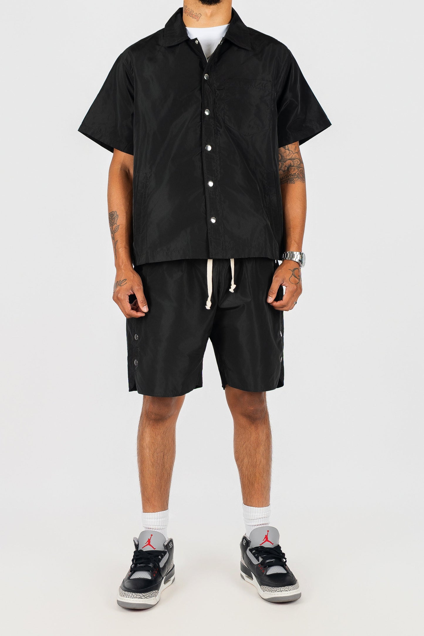 Nylon Button Up and Side Snap Button Nylon Shorts Set