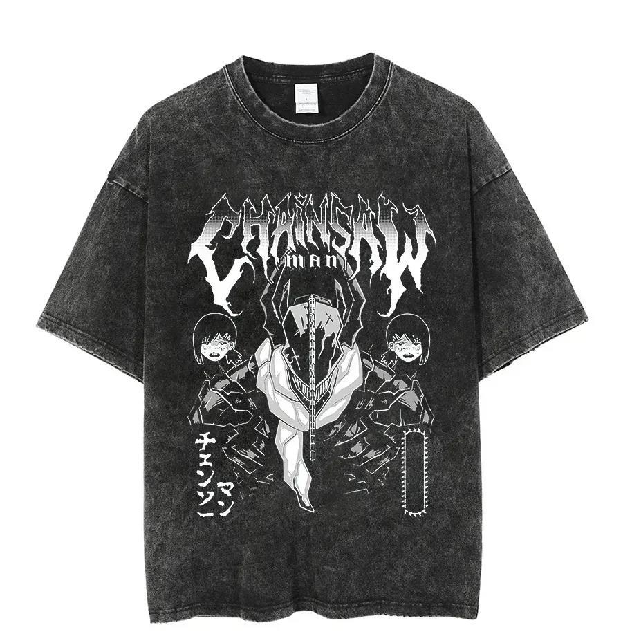 2024 Vintage Washed Tshirts Chainsaw Woman Anime T Shirt