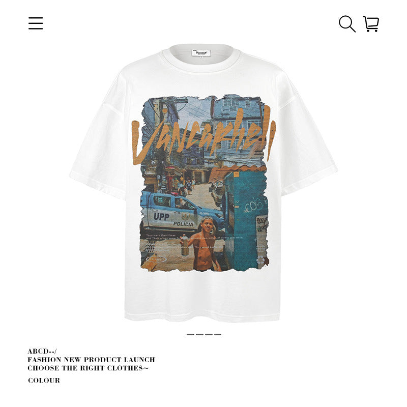 American vintage street T-shirt pure cotton retro men's and women's summer loose