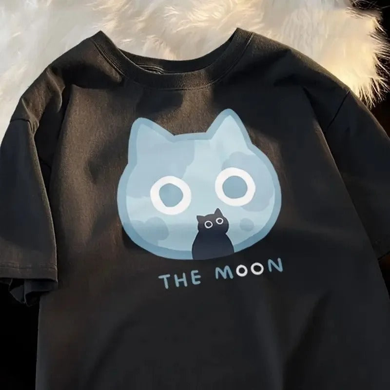 2024 Summer Fan Cat and Women Pure Cotton T-Shirt