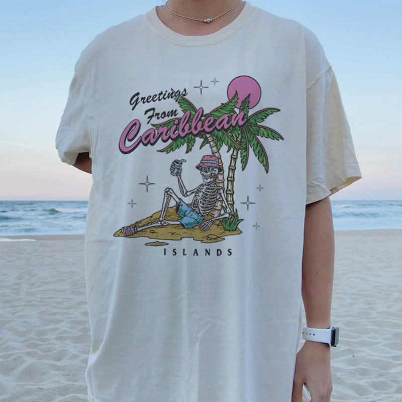 5013Carib Summer Skeleton Tropical Beach T-Shirt Oversized