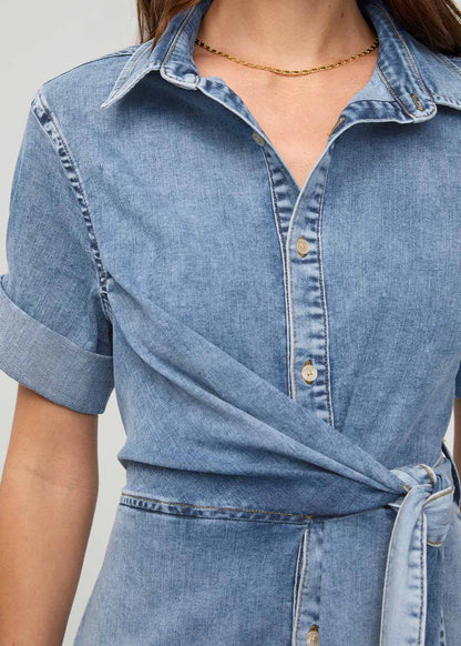 Performance Denim Lite Wrap Shirt Dress - Light Stone